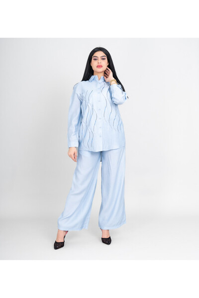 IKKXA Modern Two-Piece Outfit Shirt and Pants Wavy Crystal Details