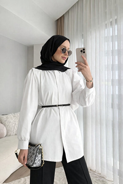 RFK Butik Women's Flounced Shoulder Hidden Button Waist Belted Shirt - White