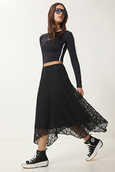 Lovelyİstanbul Lace Detailed Asymmetrical Midi Skirt Lzv0049 Black