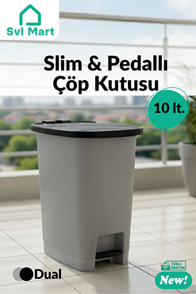 SVL MART 10 Litre Slim & Pedallı Plastik Çöp Kovası Çöp Kutusu İç Kovasız Sistem