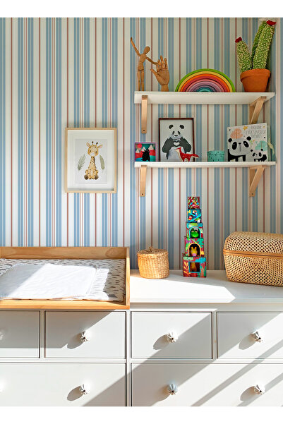 Tasarım Mavi Kırmızı Şeritler Çizgili Sade Görünüm Bebek & Çocuk Odası Duvar ...