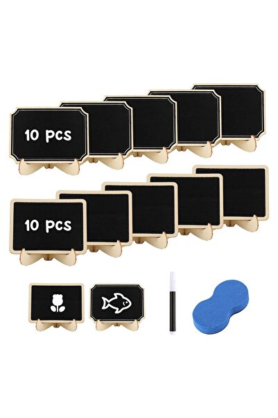 PEUTIER Set of 20 Mini Wooden Chalkboard Boards, 10x7.5cm, with Stand, 2 Styl...