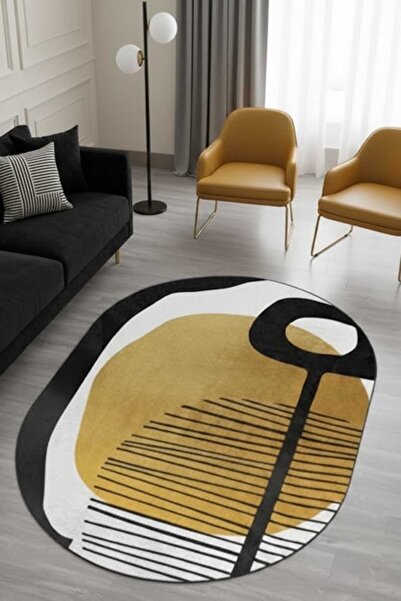 Qatalina Modern Soyut Desenli Halı | Hardal Siyah | Salon Oturma Odası Dekora...