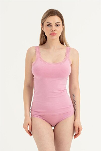 OBJE Kadın Gül Şekeri Dantel Çevçeveli Atlet