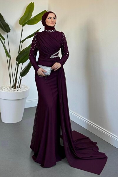 MERVEN AKYÜZ Elvira Taş Detaylı Tül Abiye Mürdüm