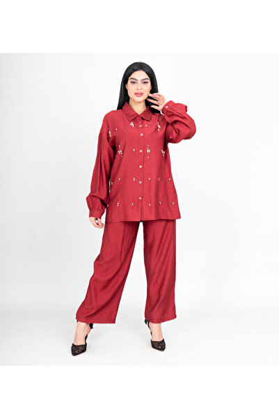 IKKXA طقم عصري من قطعتين: بلوزة وبنطال بتفاصيل كريستالية