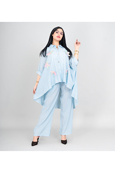IKKXA Modern Two-Piece Outfit Oversize Shirt and Pants Crystal Embroidery Det...