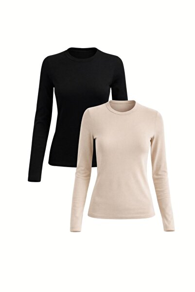 Mood Lab Kadın 2'li Basic Uzun Kol Bisiklet Yaka Likrasız Slim Fit Tişört