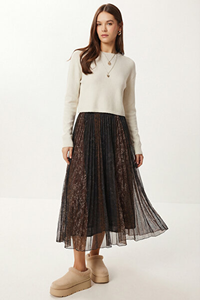 Lovelyİstanbul Desenli Pileli Asimetrik Şifon Midi Etek LMC0082 KAHVERENGİ