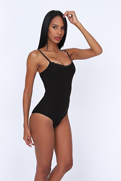 OBJE Kadın Siyah Cotton İp Askılı Dantelli Çıtçıtlı Body