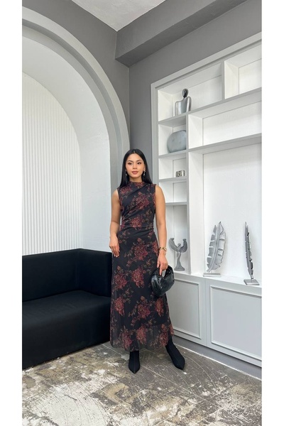 MY GRS ÇİÇEK DESEN SIFIR KOL YANLARI DRAPELİ ELBİSE