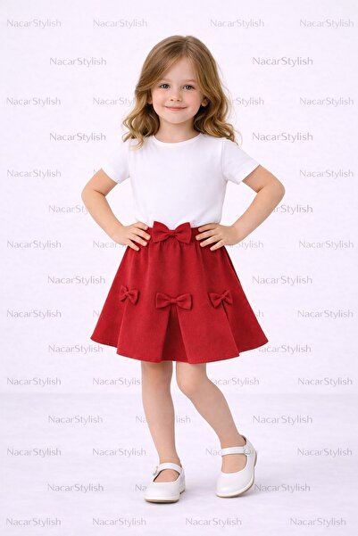 Nacar Kız Çocuk 23 Nisan 29 Ekim Double Kumaş Fiyonk Detaylı Gösteri Eteği - ...