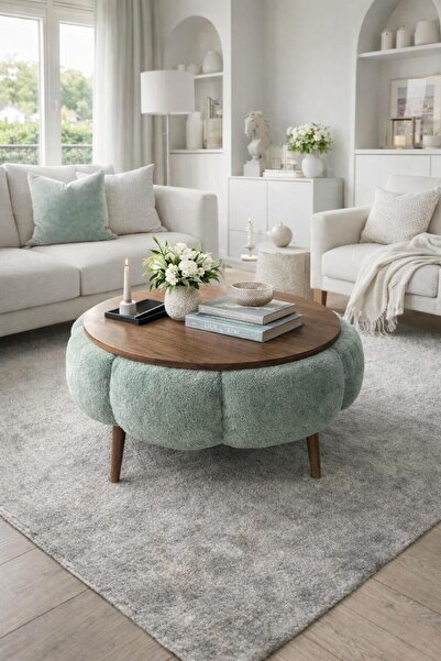 KOKİ DESİGN Papatya Wellsoft Yeşil Kumaş Kaplamalı Yuvarlak Çap 60 cm Orta Sehpa