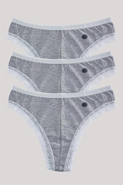 OBJE Women's Gray Melange Lace Brazilian 3-Piece Panties