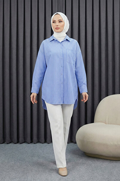MODAQU Striped Shirt with Pockets - Blue