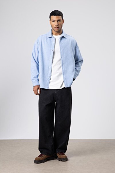 VAMOSCLO سترة قميصية كبيرة الحجم ذات ملمس مميز باللون الأزرق الفاتح