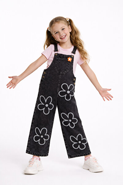 LITTLE&CO Kız Çocuk 5-15 Yaş Çiçek Detaylı Kot Salopet Tulum – Rahat Jean Tulum