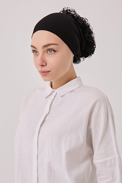 SilkTouch Black Turban Hijab Seamless Ruffled Bonnet