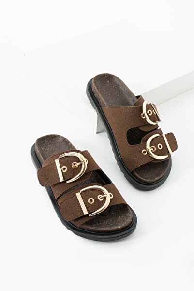 diclepolat Women's Buckle Detail Daily Comfort Suede Slippers Brown Ronda