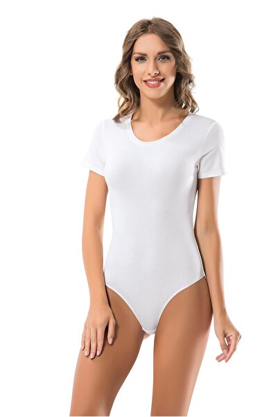 OBJE Kadın Beyaz Açık Yaka Yarım Kol Çıtçıtlı Body