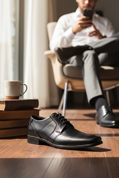 enoch Genuine Leather Black Orthopedic Square Toe Stitched Men's Shoes