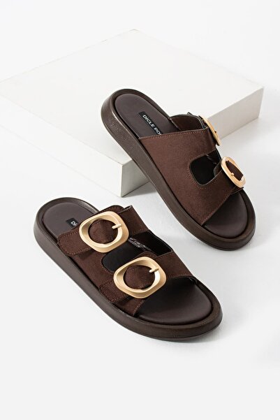 diclepolat Women's Suede Double Buckle Soft Sole Casual Slippers Nacho