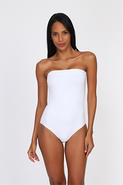 OBJE Kadın Beyaz Modal Straplez Çıtçıtlı Body