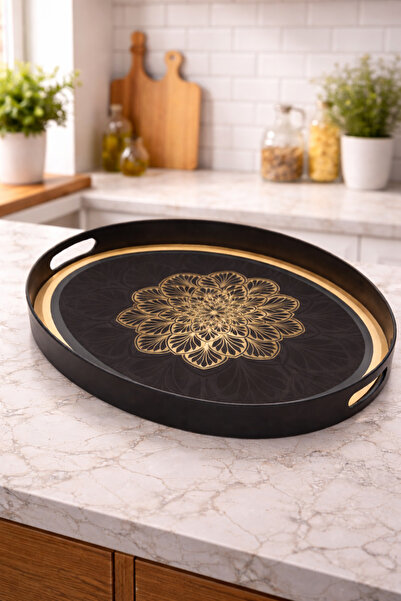 Blackstar Mandala Çiçek Desenli Oval Tepsi Siyah