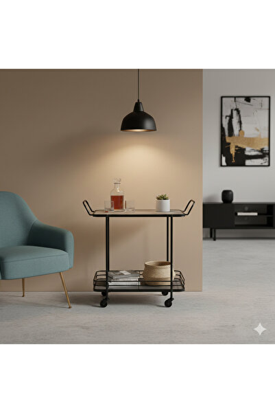 Generic Industrial Wood & Metal Serving Trolley – 2-Tier Hospitality Cart wit...