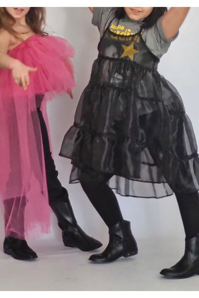 MODA Girl's Black Organza Strap Flounce Party Dress – Transparent Design