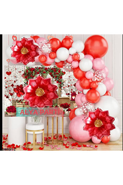 ALYA PARTİ Kırmızı Çiçekli Bol Balonlu Doğum Günü Seti