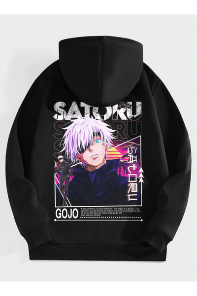 Marco Fresco سترة سوداء من Gojo Satoru مطبوعة من الخلف مع جيوب وصوف من الداخل