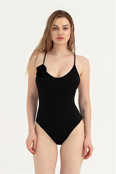 OBJE Kadın Siyah Sırtı Çapraz İp Askılı Gül Detay Mayo