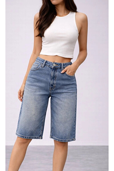 Cool & Sexy Women's High Waist Loose Jean Bermuda Navy Blue