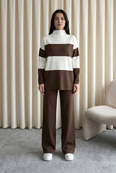 MODAQU Half-Throat Stripe Knitwear Set - Dark Brown