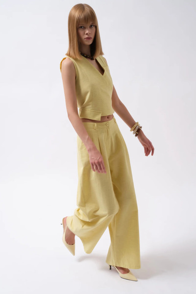 Leina Pileli Keten Görünümlü Palazzo Pantolon