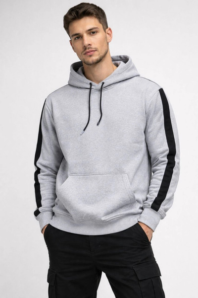 LUMİART Men's Striped Hooded Sweatshirt Oversize 3 Thread Cotton - White