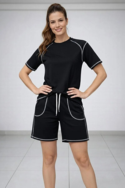 BLACK MODBLACK Dadya Women's Sports T-Shirt Shorts Set with Contrast Stitchin...