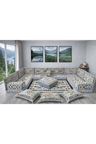 Dekor Köşe Kilim Desenli Köşe Oturma Takımı (22 DNS Sert Sünger) (Puf + Yer M...