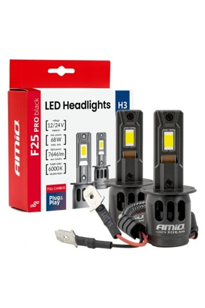AMIO Комплект от 2 автомобилни LED крушки H3 Canbus, 68W, 7646Lm, 6000k, 12V-...