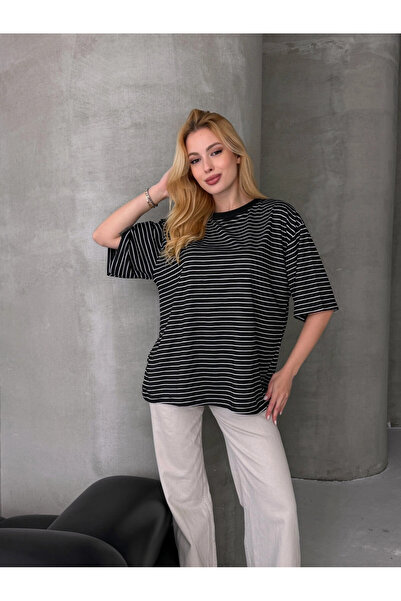 Cool & Sexy Tricou cu dungi oversize pentru femei, negru