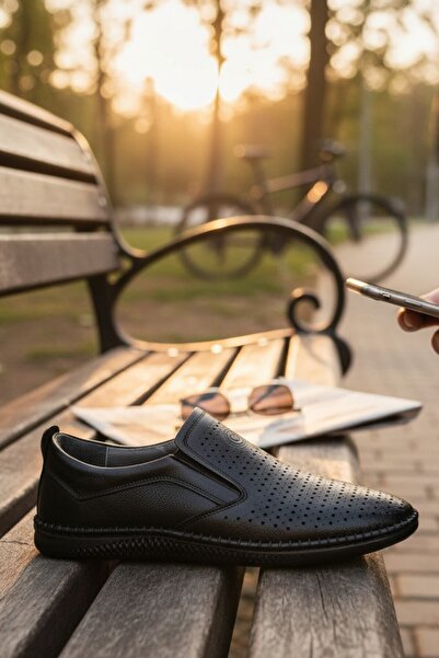 enoch حذاء رجالي صيفي من الجلد الطبيعي باللون الأسود مثقوب بالليزر بالكامل