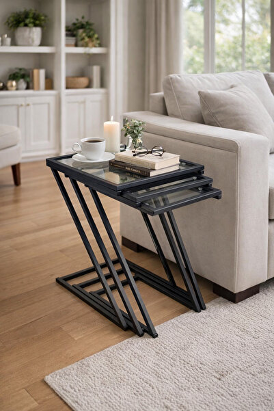 AVİBO HOME Aura Üçlü Zigon Sehpa Takımı Koltuk Sehpası Metal 3lü Yan Sehpa Şe...