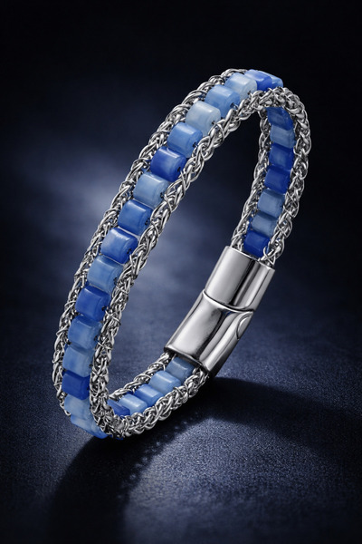 İyyaKee Erkek Çelik Bileklik Doğal Mavi Kalsedon Taşlı Örgü Zincir Model Erke...