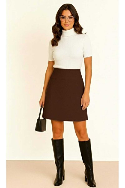 ZUM Diz Üstü Koyu Kahve Selanik Kadın Kloş Etek Yüksek Bel Beli Lastikli Günl...