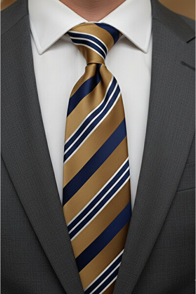 Gutiero Κλασική γραβάτα με χρυσό μπλε ναυτικό σχέδιο με μαντήλι