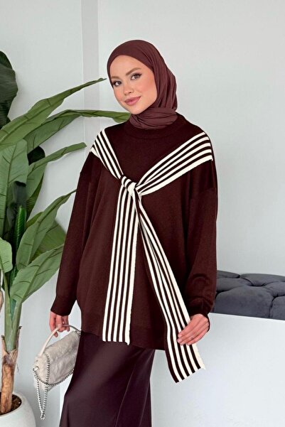 Şulemoda Giyim Χαλαρό τουνίκ με λεπτομέρεια σε στυλ κασκόλ, καφέ χρώμα