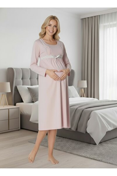 Lohusa Homewear Women's Powder Long Sleeve Design Cotton Maternity Nightgown ...