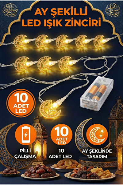 Soft Kare Ay Şekilli LED Işık Zinciri 10 Adet – Pilli Çalışan Ramazan Dekoras...