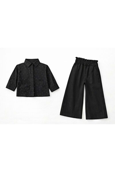 Lolliboomkids Set cămașă neagră cu aplicații de piatră și pantaloni evazați p...